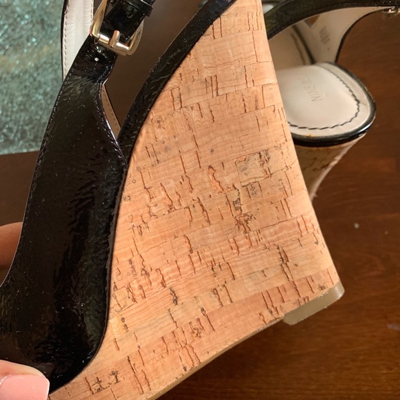Black Patent Leather Cork Sling Back Wedges - Picture 6 of 8